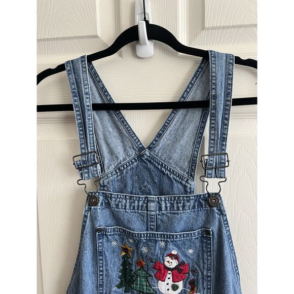 CHRISTOPHER & BANKS Vintage Christmas Appliqué Wide Leg Denim Jean Overalls Sz L - Picture 5 of 16
